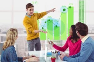 Fractional marketing leader leading a data-driven discussion with a team in a modern office, with green digital growth charts and analytics visuals in the background.