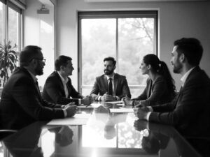 Marketing professionals analyzing data and discussing fractional CMO meaning in a conference room. 