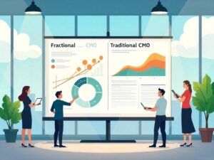 Close-up of a whiteboard with charts and data, explaining fractional CMO meaning and its role in marketing. 